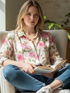 Zara Satin Effect Floral Button-Down Blouse Shirt Cream Pink Green  Sz XXL NWOT